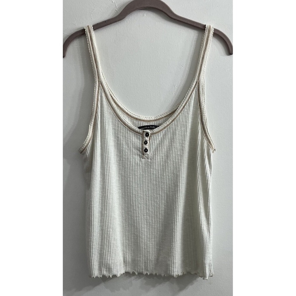 Y2K Abercrombie & Fitch Women's XL Beige Brown Crop Top Button Front Scallop Hem